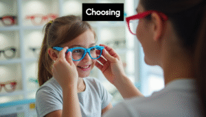 child smiling while trying on new blue glasses frames. hBGlJpihz73d21lLAJpzb